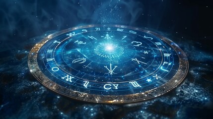 Concept of astrology and horoscope, person inside a zodiac sign wheel, Astrological zodiac signs inside of horoscope circle, Astrology, knowledge of stars in the sky, power of the universe concept.