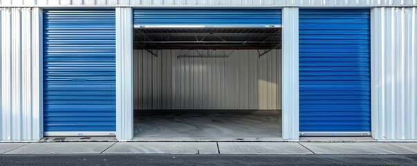 An open storage unit with a blue door, revealing an empty, clean space inside, highlighting the spaciousness and potential for storage