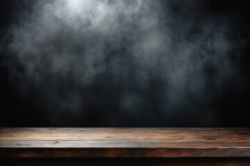 Empty misty dark room with aged wooden plank floor and blank concrete wall