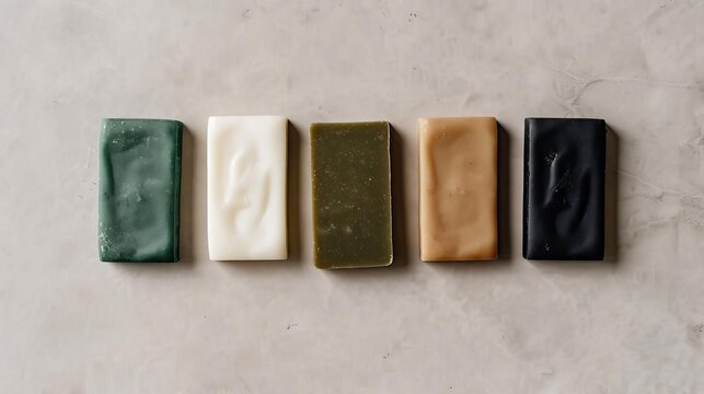 An overhead shot of five rectangular soap bars in various colors green, white, tan, black, and brown arranged in a neat row on a light gray background
