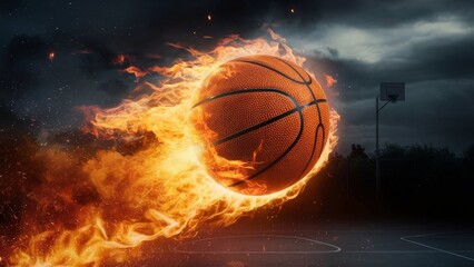 Flying basketball ball on fire. Isolated on black background.