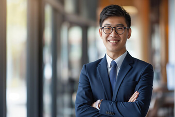 happy young asian businessman in a suit smiling proudly into the camera