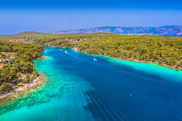 Scenic view of marble tourist resort Vrboska, deep marina coastline.