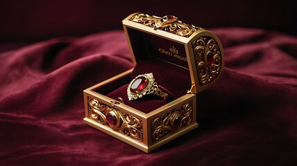 A jewelry box mockup set against a deep burgundy velvet background.