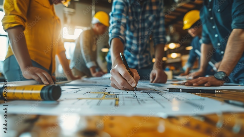 Poster Brainstorming group of architects and engineers discuss building blueprint design paperwork and drawing construction project planning on wooden table in office Construction project bud : Generative AI