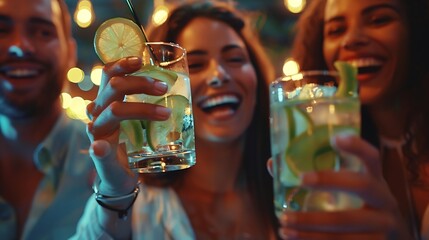 Group of happy people enjoying cocktail party sitting at bar restaurant  Happy friends toasting gin tonic and mojitos together  Food and beverage life style concept : Generative AI