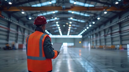 Man in industrial hangar Warehouse worker with laptop Contractor inside empty warehouse Loading equipment behind worker Man inspects empty hangar Location of future logistics center : Generative AI