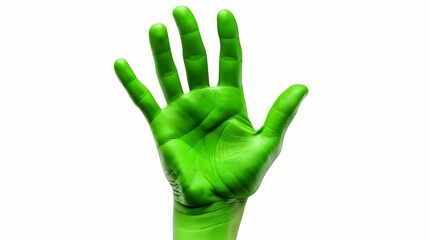 A green hand is raised in the air. The hand is raised in a way that it looks like it is waving