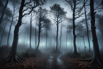 Fototapeta premium Silhouetted trees sway in eerie dark sky as bats flit amidst a haunting moonlit Halloween forest