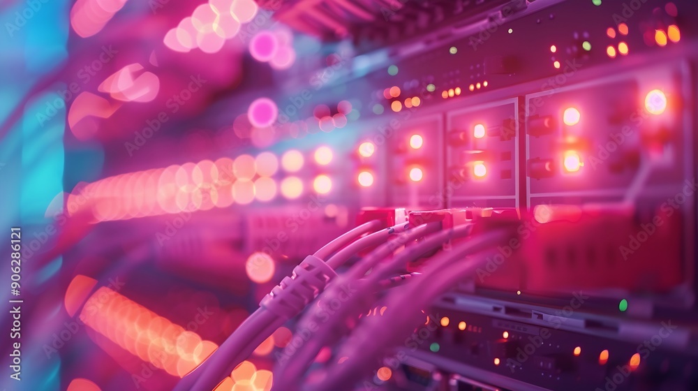 Poster blur technology data center room defocus fiber optic cable and network router switch in data center room for background and wallpaper : Generative AI