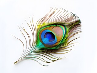 Obraz premium Vibrant Peacock Feather Displayed on White Background with Copy Space