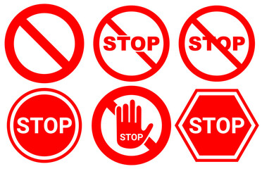 Set of Red Stop, No Entry, Sign. Stop Prohibition Symbol with Hand Vector. Red Ban Icon. Vector Illustration