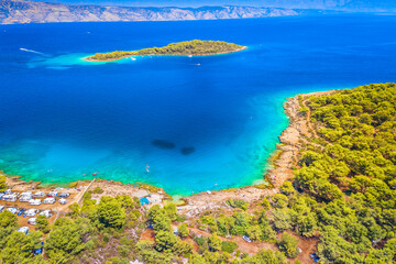 Scenic view at marble Zecevo island in front of Vrboska town, Island Hvar