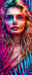 Obraz premium A woman with a skull painted on her face is surrounded by green and blue leaves. The image has a vibrant and colorful mood, with the skull adding a touch of edginess to the overall composition