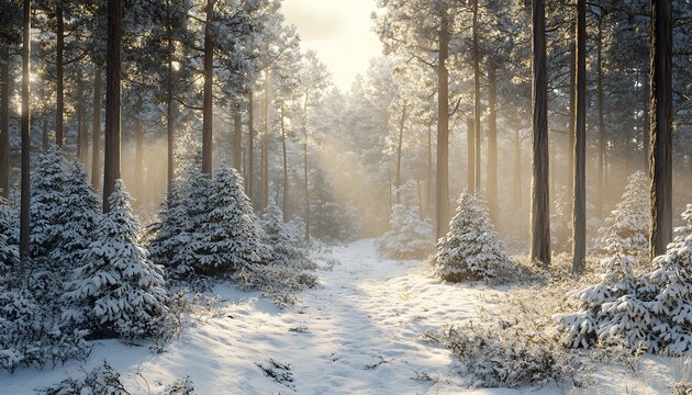Photorealistic Dense Pine Forest During Winter with Snow-Covered Trees