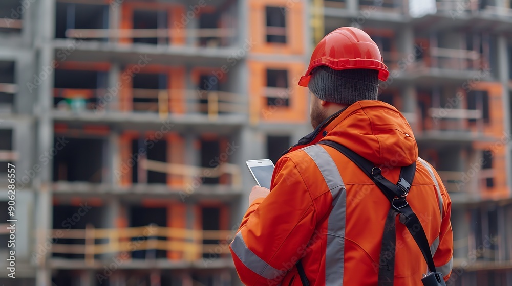 Poster Construction engineer using mobile smart phone on site during inspection selective focus : Generative AI