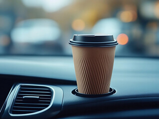 MOCKUP, packaging, coffee cup, brown, textured, black closed lid, placed in cup holder, in car