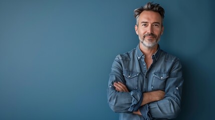 Obraz premium Handsome middleaged man standing with his arms folded looking at camera and smiling Halflength front portrait against blue background with copy space : Generative AI