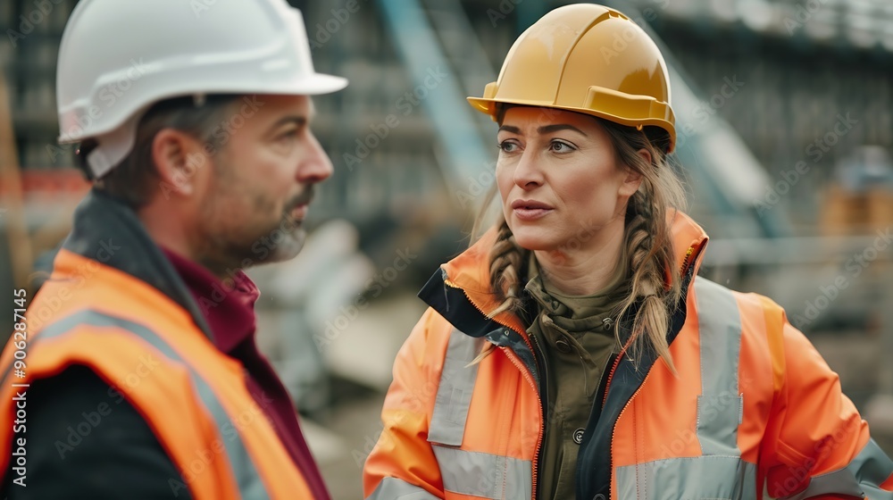 Aufkleber Engineer and female foreman worker team checking project at precast factory site Engineer and builders in hardhats discussing on construction site : Generative AI