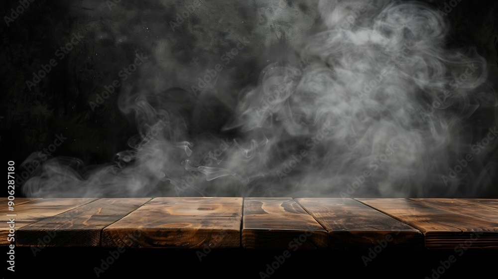 Aufkleber On a black background an empty wooden table with smoke floats up Empty space for displaying your products with a smoke float up on a dark background Space available for displaying your : Generative AI