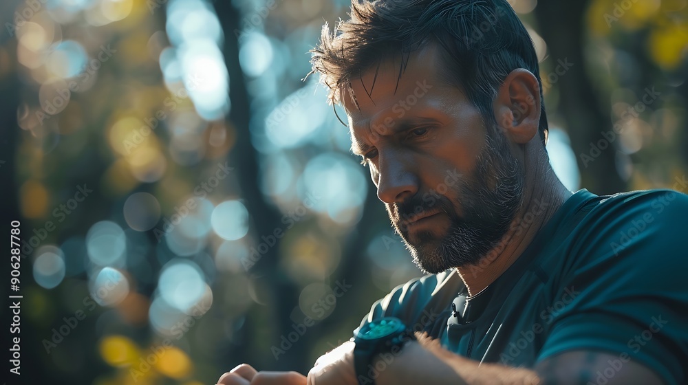 Poster mid adult man using smart watch during training heart monitor beats with wristwatch smart watch or f