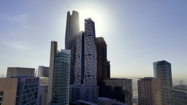Drone view of KAFD in the morning haze Saudi Arabia Riyadh
