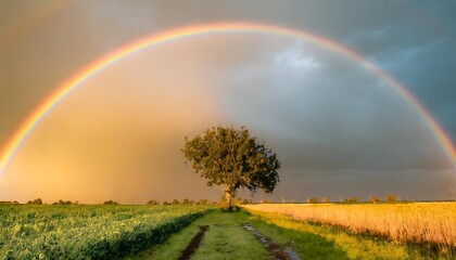 Naklejka premium Summer landscape with wheat field, road and lonely tree, thunderstorm with rain on background