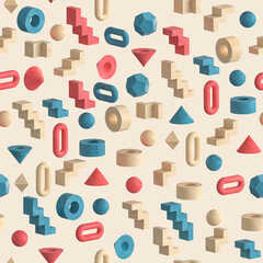 Seamless pattern of 3d geometric wooden shapes.