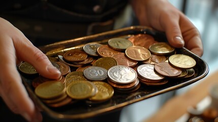 A person paying the bill with euro coins on a tray : Generative AI