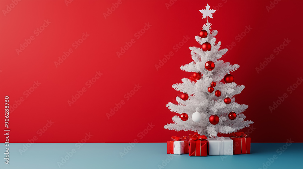 Wall mural Canadian-themed Christmas tree with red and white ornaments, maple leaf decorations, isolated on a gradient background 