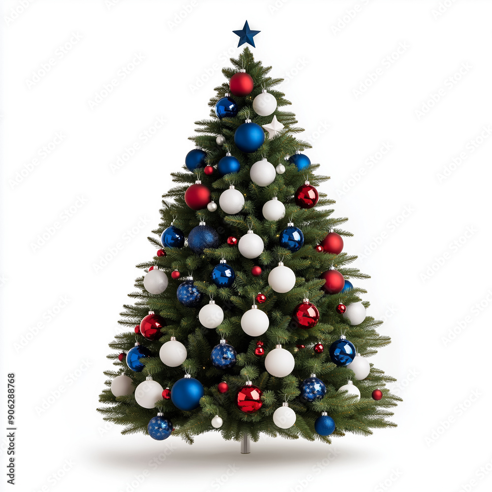 Sticker Christmas tree decorated in the colors of the Australian flag, with blue, white, and red ornaments and stars, isolated on white 