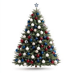 Christmas tree decorated in the colors of the Australian flag, with blue, white, and red ornaments and stars, isolated on white 