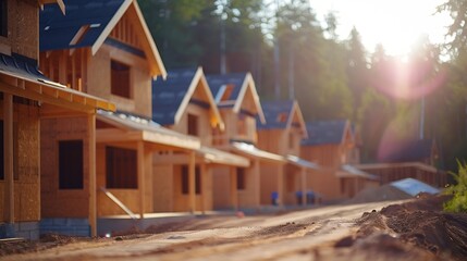 New home construction in a residential cottage community house shells waiting for roofing and siding : Generative AI
