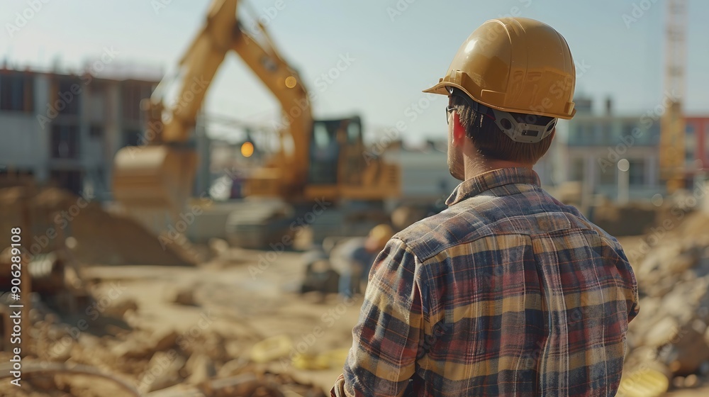 Poster Man checking work process on construction site working : Generative AI