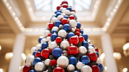 Christmas tree decorated with ornaments in the colors of the French flag, blue, white, and red, wide-angle shot