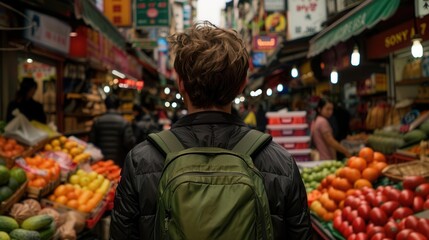 A person navigating through a crowded market in a foreign country, managing cultural and language risks