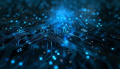 Obraz premium Blue glowing circuit board in abstract space with radiant light lines for a futuristic tech concept
