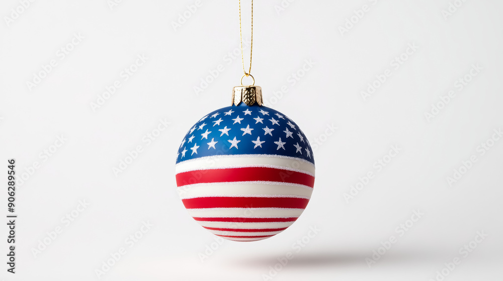 Wall mural Closeup of a Christmas tree ball decorated in the colors of the American flag, isolated on a white background 