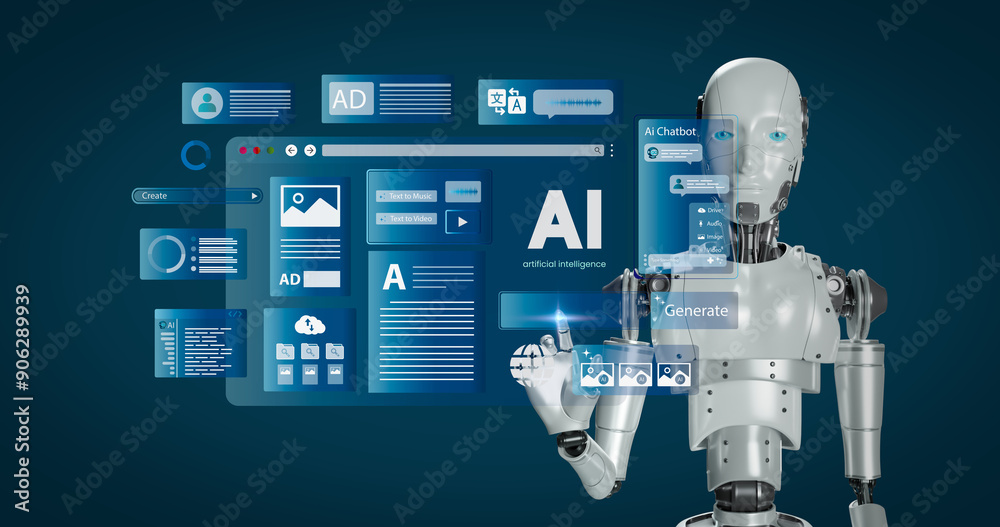 Poster ai technology. artificial intelligence. humanoid robot use ai tools for generate images, write code,