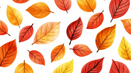 Obraz premium Closeup of a watercolor autumn pattern with vibrant orange, red, and yellow leaves on a white background 