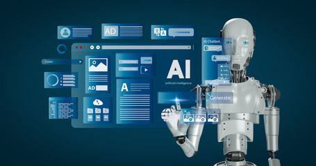 Ai technology. Artificial Intelligence. Humanoid Robot use AI tools for generate images, write...