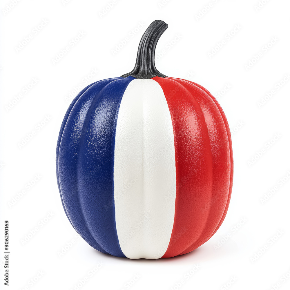 Wall mural Halloween pumpkin decorated in the colors of the French flag, with blue, white, and red stripes, isolated on white 