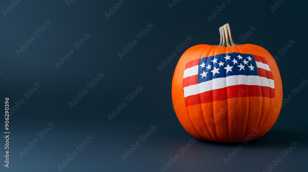 Canvas Prints Halloween pumpkin painted with the colors of the American flag, red, white, and blue, isolated on a dark background 