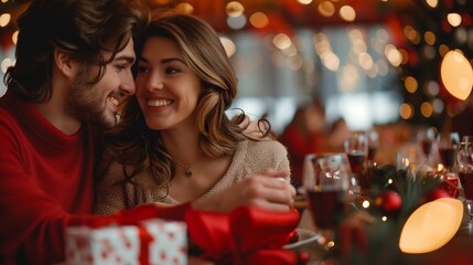 Beautiful young couple celebrating Valentines Day in the restaurant Exchange of gifts Romantic day together : Generative AI