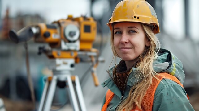Female site engineer surveyor working with theodolite total station EDM equipment on a building construction site outdoors : Generative AI