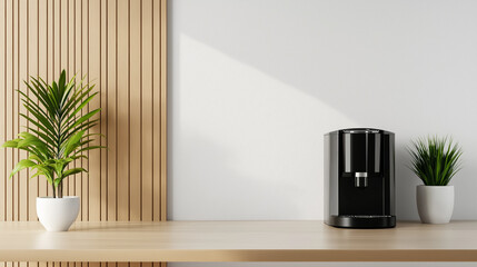 Home office with a coffee machine on the desk, modern and minimalistic design, morning light 