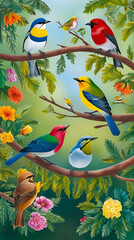  Birds on a branch discover the colorful avain harmony of nature, Beautiful colorful birds on a tree nature background Generated by Ai