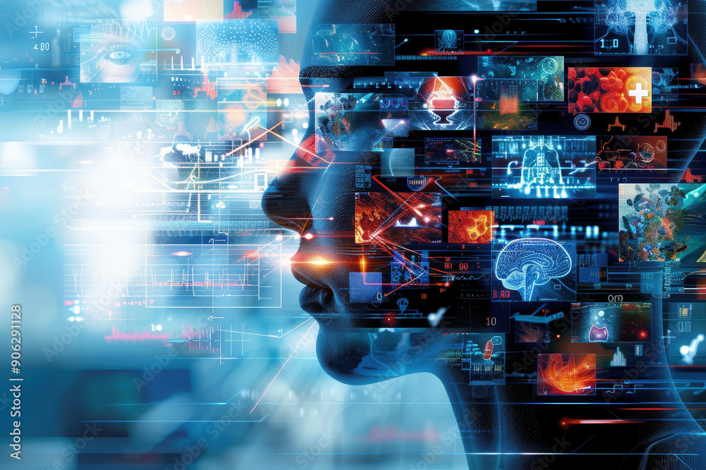 Poster a computer screen with a face on it and a lot of different images. the face is surrounded by a blue 