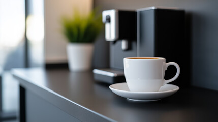 Modern kitchen with a coffee machine on the counter, wide-angle view, coffee cup ready to be filled 