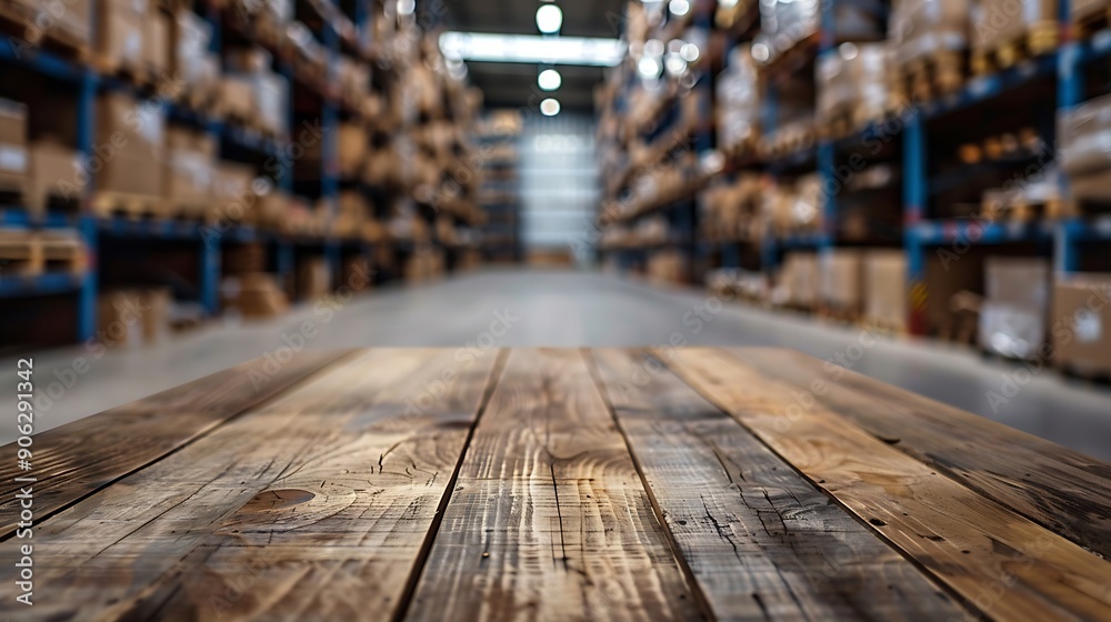 Leinwandbilder the empty wooden table top with blur background of warehouse storage exuberant image : generative ai
